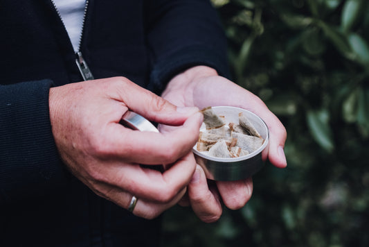 Image of a person holding a tub of snus pouches.