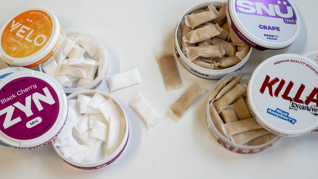 Various containers of tobacco-free nicotine pouches on a white background.
